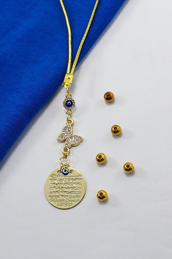 Nazarlı Parlak Taşlı Kelebek Metal Ayetel Kürsi Araba Dikiz Ayna Süsü, Gold Renkli