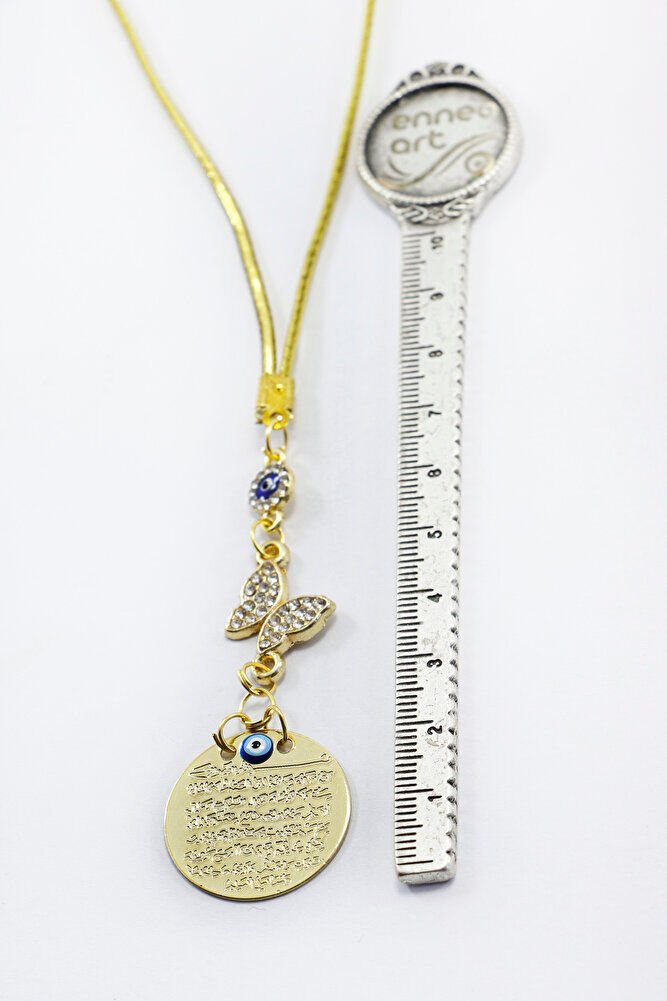 Nazarlı Parlak Taşlı Kelebek Metal Ayetel Kürsi Araba Dikiz Ayna Süsü, Gold Renkli