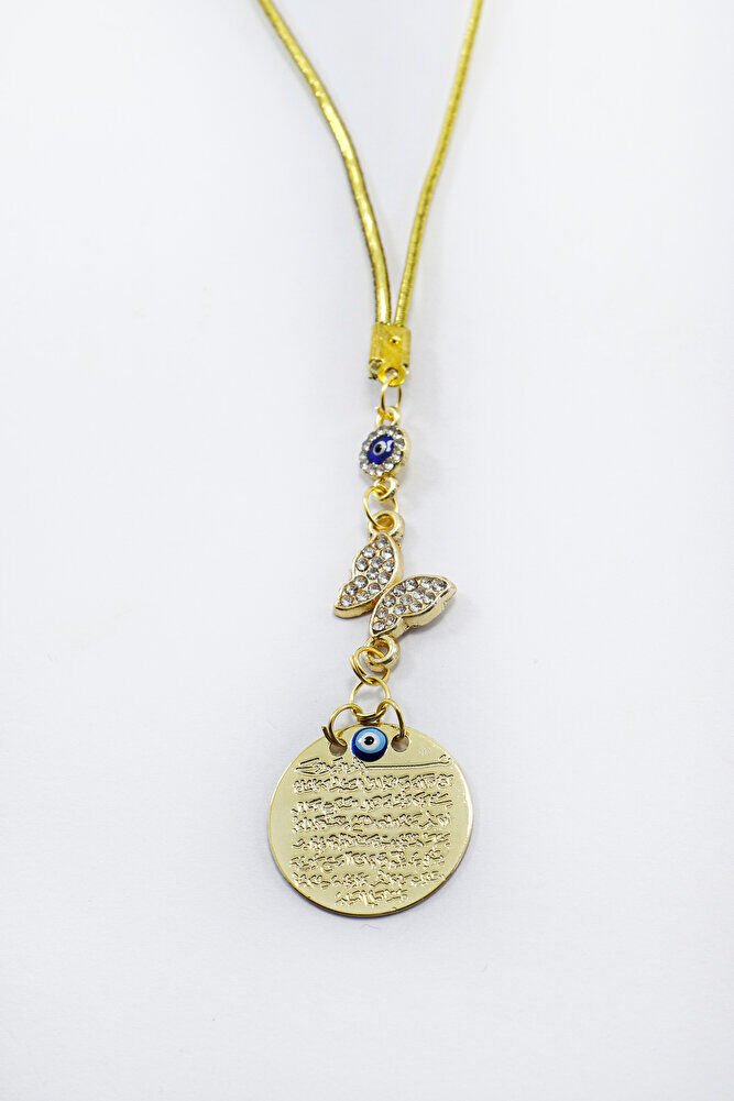 Nazarlı Parlak Taşlı Kelebek Metal Ayetel Kürsi Araba Dikiz Ayna Süsü, Gold Renkli