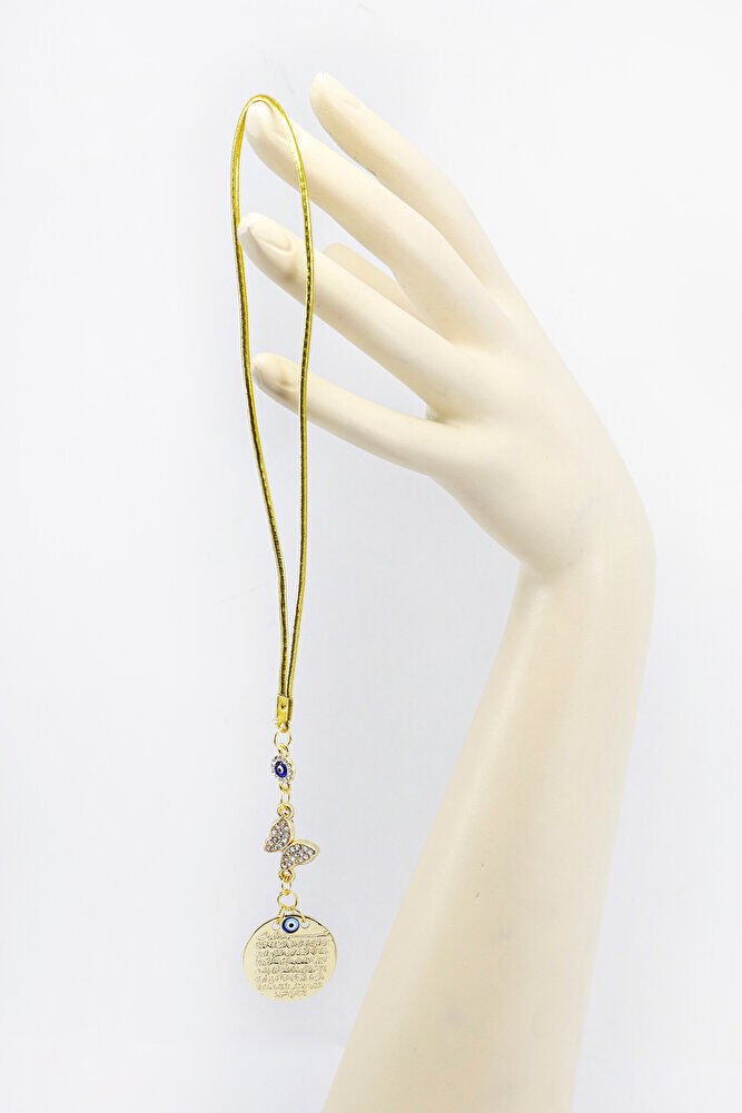 Nazarlı Parlak Taşlı Kelebek Metal Ayetel Kürsi Araba Dikiz Ayna Süsü, Gold Renkli