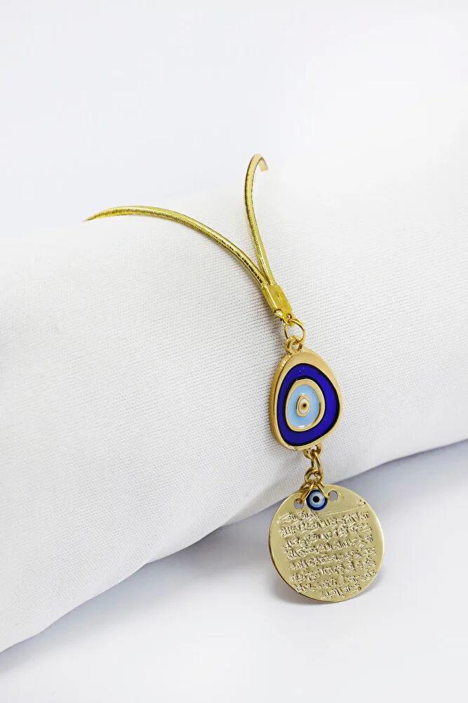 Lacivert Nazar Boncuklu Metal Ayetel Kürsi Araba Dikiz Ayna Süsü, Gold Renkli