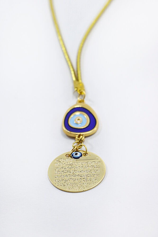 Lacivert Nazar Boncuklu Metal Ayetel Kürsi Araba Dikiz Ayna Süsü, Gold Renkli