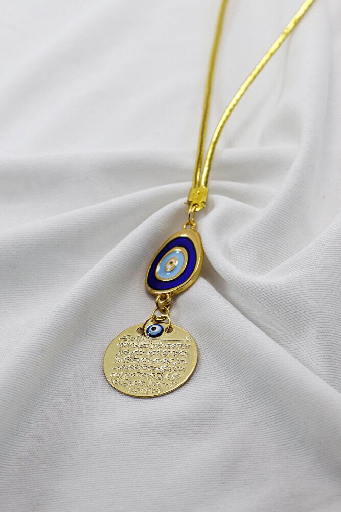 Lacivert Nazar Boncuklu Metal Ayetel Kürsi Araba Dikiz Ayna Süsü, Gold Renkli