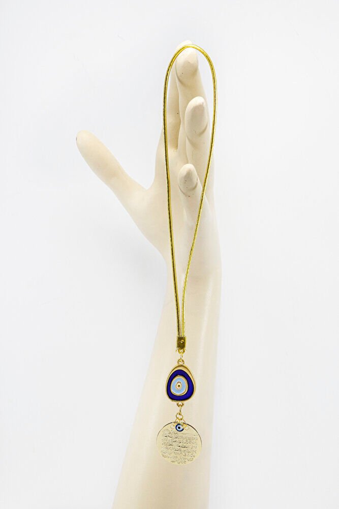 Lacivert Nazar Boncuklu Metal Ayetel Kürsi Araba Dikiz Ayna Süsü, Gold Renkli