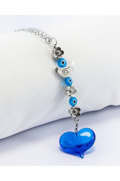 Turkuaz Murano Cam Kalp Nazar Boncuklu Gümüş Renkli Araba Dikiz Ayna Süsü, Sevgililer Günü