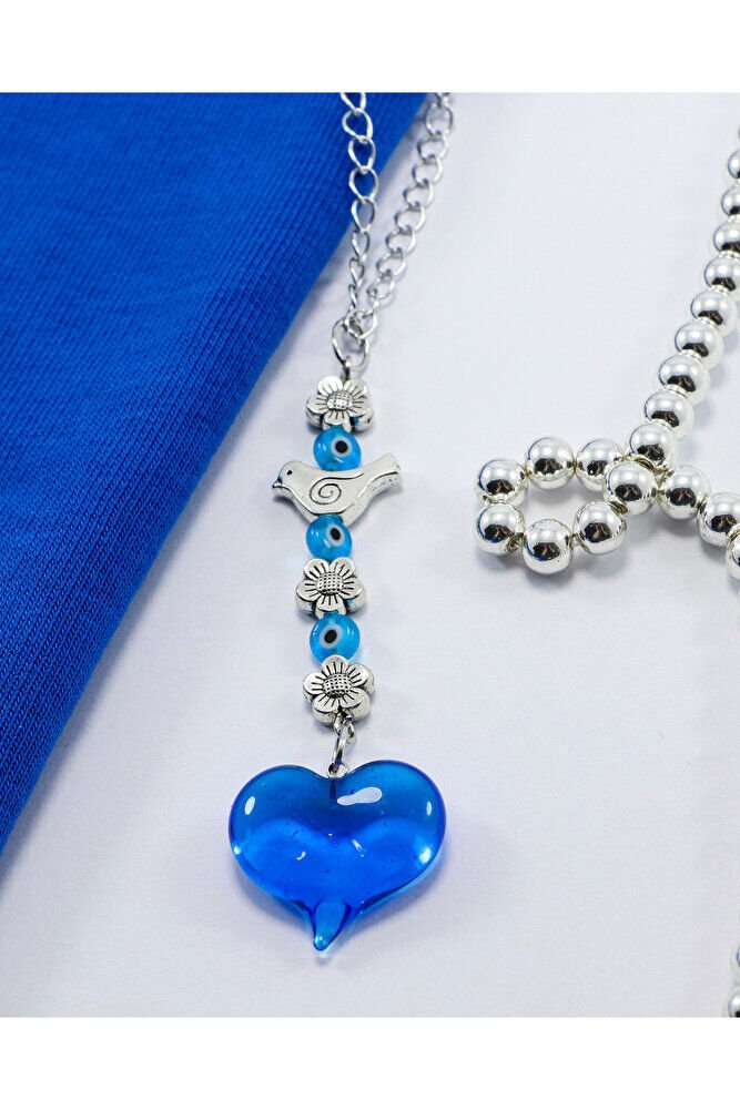 Turkuaz Murano Cam Kalp Nazar Boncuklu Gümüş Renkli Araba Dikiz Ayna Süsü, Sevgililer Günü