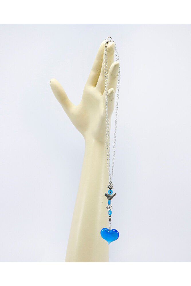 Turkuaz Murano Cam Kalp Nazar Boncuklu Gümüş Renkli Araba Dikiz Ayna Süsü, Sevgililer Günü