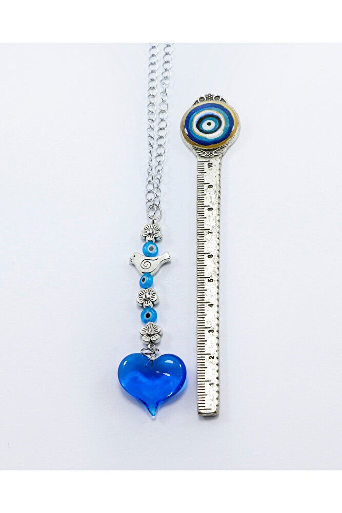 Turkuaz Murano Cam Kalp Nazar Boncuklu Gümüş Renkli Araba Dikiz Ayna Süsü, Sevgililer Günü