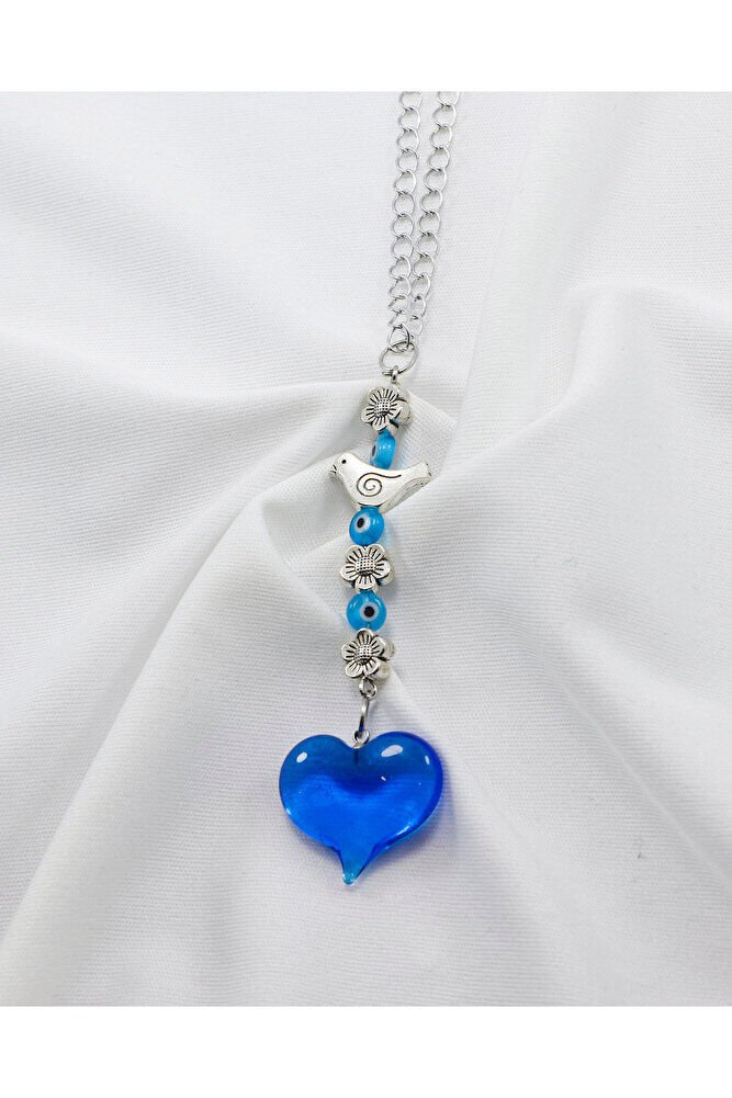 Turkuaz Murano Cam Kalp Nazar Boncuklu Gümüş Renkli Araba Dikiz Ayna Süsü, Sevgililer Günü