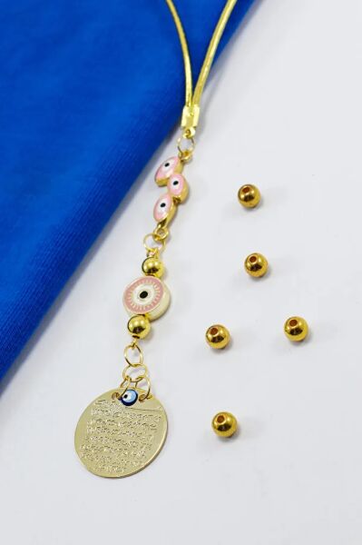 Çerçeveli Yassı Nazar Boncuklu Metal Ayetel Kürsi Araba Dikiz Ayna Süsü, Gold Renkli