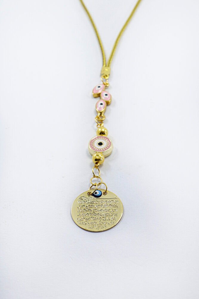 Çerçeveli Yassı Nazar Boncuklu Metal Ayetel Kürsi Araba Dikiz Ayna Süsü, Gold Renkli