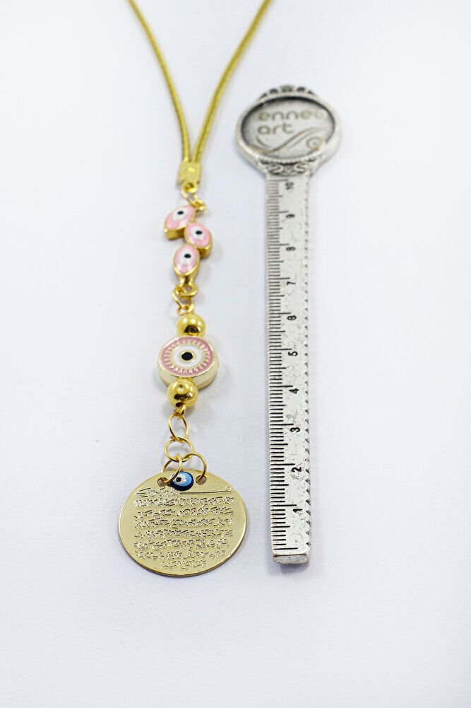 Çerçeveli Yassı Nazar Boncuklu Metal Ayetel Kürsi Araba Dikiz Ayna Süsü, Gold Renkli