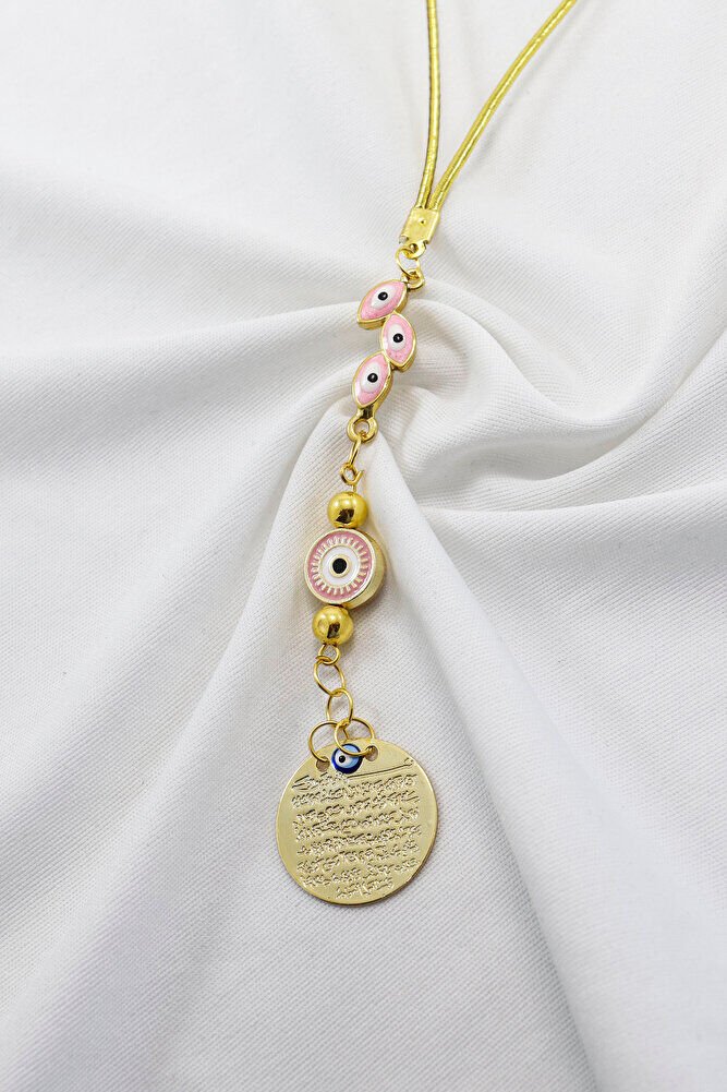 Çerçeveli Yassı Nazar Boncuklu Metal Ayetel Kürsi Araba Dikiz Ayna Süsü, Gold Renkli