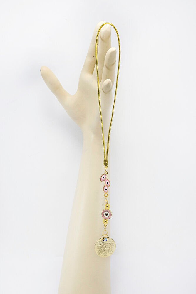 Çerçeveli Yassı Nazar Boncuklu Metal Ayetel Kürsi Araba Dikiz Ayna Süsü, Gold Renkli