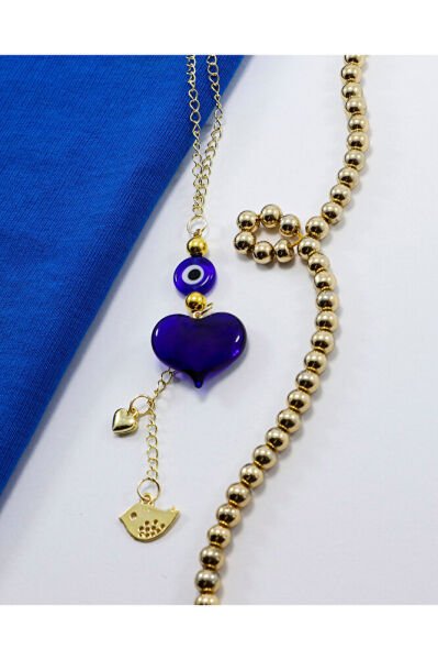 Lacivert Murano Cam Kalp Nazar Boncuklu Gold Renkli Araba Dikiz Ayna Süsü, Sevgililer Günü