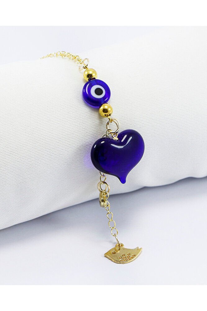 Lacivert Murano Cam Kalp Nazar Boncuklu Gold Renkli Araba Dikiz Ayna Süsü, Sevgililer Günü