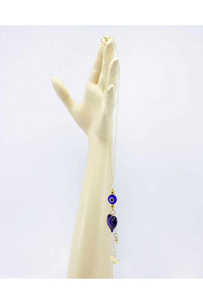 Lacivert Murano Cam Kalp Nazar Boncuklu Gold Renkli Araba Dikiz Ayna Süsü, Sevgililer Günü