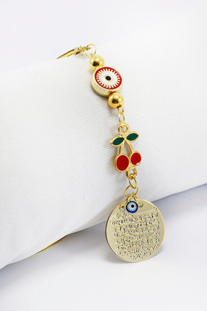 Çerçeveli Nazar Kirazlı Metal Ayetel Kürsi Araba Dikiz Ayna Süsü, Gold Renkli