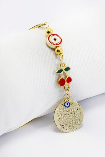 Çerçeveli Nazar Kirazlı Metal Ayetel Kürsi Araba Dikiz Ayna Süsü, Gold Renkli