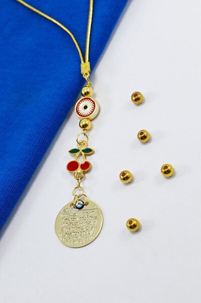 Çerçeveli Nazar Kirazlı Metal Ayetel Kürsi Araba Dikiz Ayna Süsü, Gold Renkli