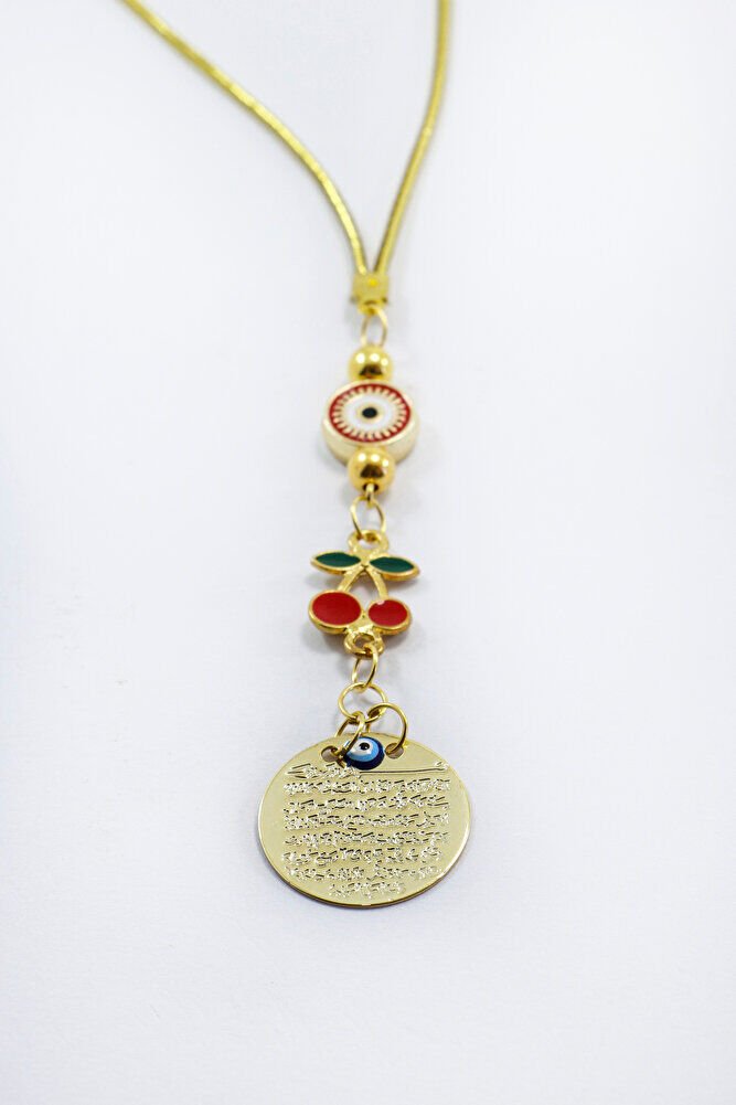 Çerçeveli Nazar Kirazlı Metal Ayetel Kürsi Araba Dikiz Ayna Süsü, Gold Renkli