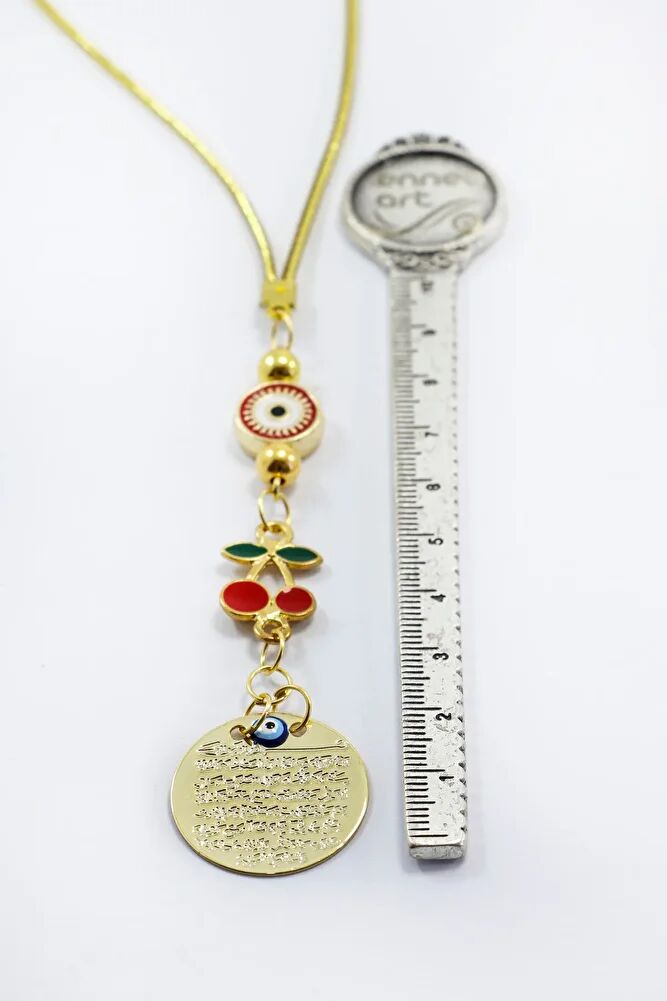 Çerçeveli Nazar Kirazlı Metal Ayetel Kürsi Araba Dikiz Ayna Süsü, Gold Renkli