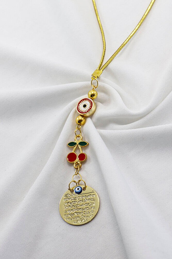 Çerçeveli Nazar Kirazlı Metal Ayetel Kürsi Araba Dikiz Ayna Süsü, Gold Renkli