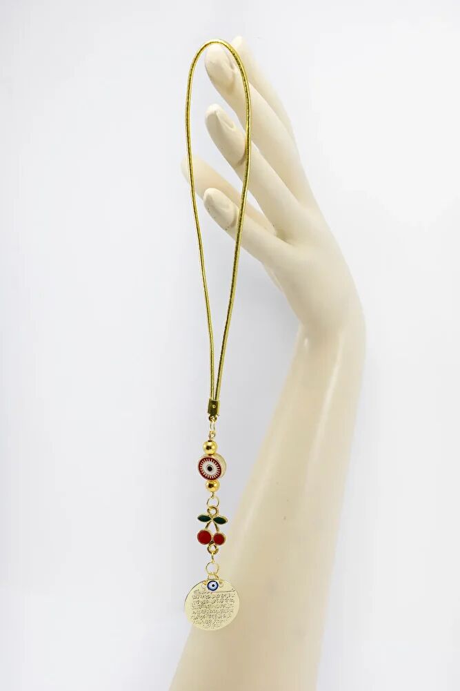 Çerçeveli Nazar Kirazlı Metal Ayetel Kürsi Araba Dikiz Ayna Süsü, Gold Renkli