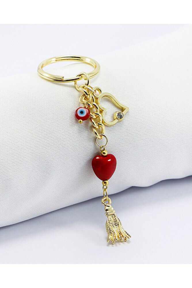 Kırmızı Cam Kalpli Gold Renkli Metal Anahtarlık /Minik Çanta Süsü Sevgililer Günü