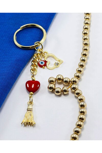 Kırmızı Cam Kalpli Gold Renkli Metal Anahtarlık /Minik Çanta Süsü Sevgililer Günü