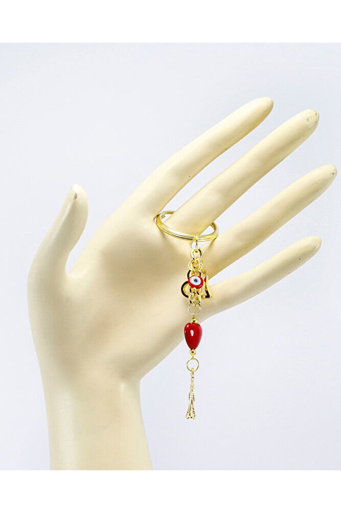 Kırmızı Cam Kalpli Gold Renkli Metal Anahtarlık /Minik Çanta Süsü Sevgililer Günü