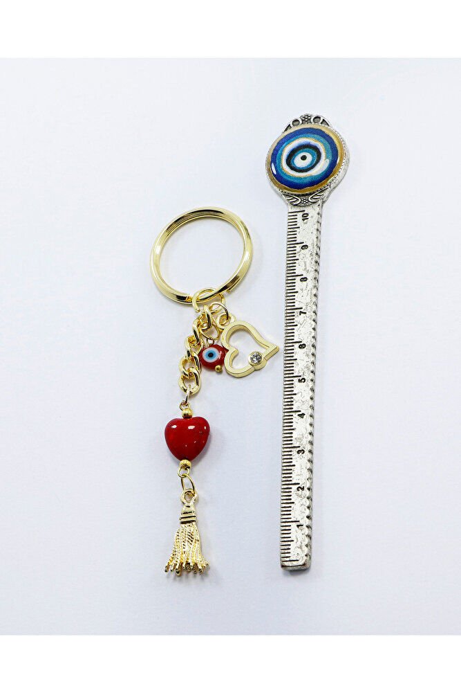 Kırmızı Cam Kalpli Gold Renkli Metal Anahtarlık /Minik Çanta Süsü Sevgililer Günü