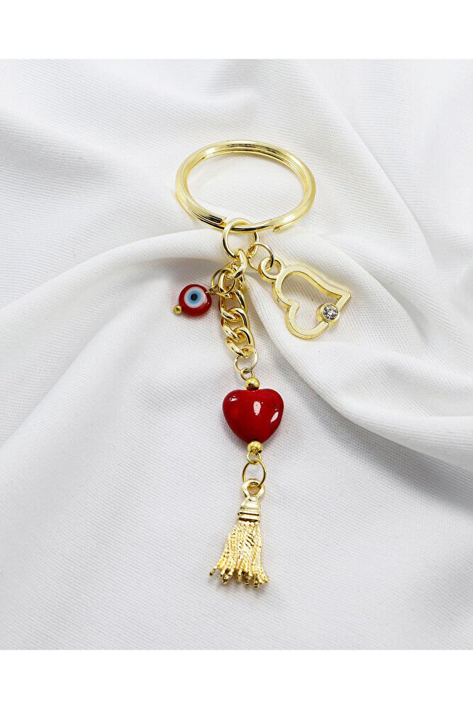 Kırmızı Cam Kalpli Gold Renkli Metal Anahtarlık /Minik Çanta Süsü Sevgililer Günü
