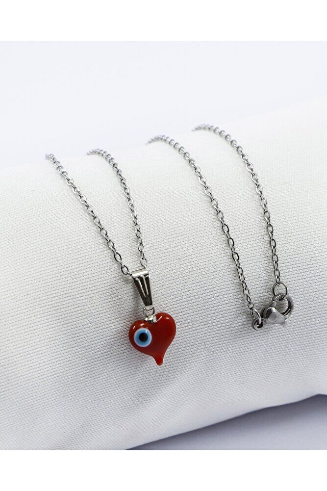 El Yapımı Kırmızı Murano Kalp Nazar Boncuklu 316L Paslanmaz Çelik Kolye, Zincir 60 cm, Gümüş Renkli