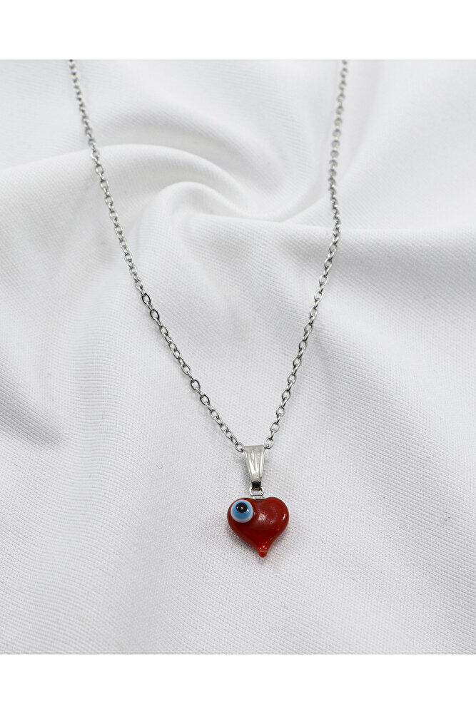 El Yapımı Kırmızı Murano Kalp Nazar Boncuklu 316L Paslanmaz Çelik Kolye, Zincir 60 cm, Gümüş Renkli