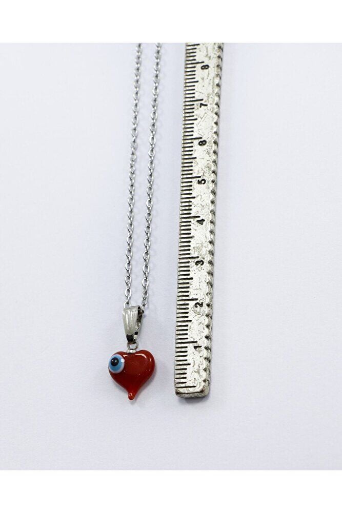 El Yapımı Kırmızı Murano Kalp Nazar Boncuklu 316L Paslanmaz Çelik Kolye, Zincir 60 cm, Gümüş Renkli