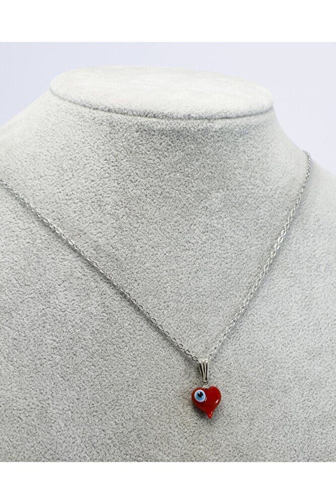 El Yapımı Kırmızı Murano Kalp Nazar Boncuklu 316L Paslanmaz Çelik Kolye, Zincir 60 cm, Gümüş Renkli