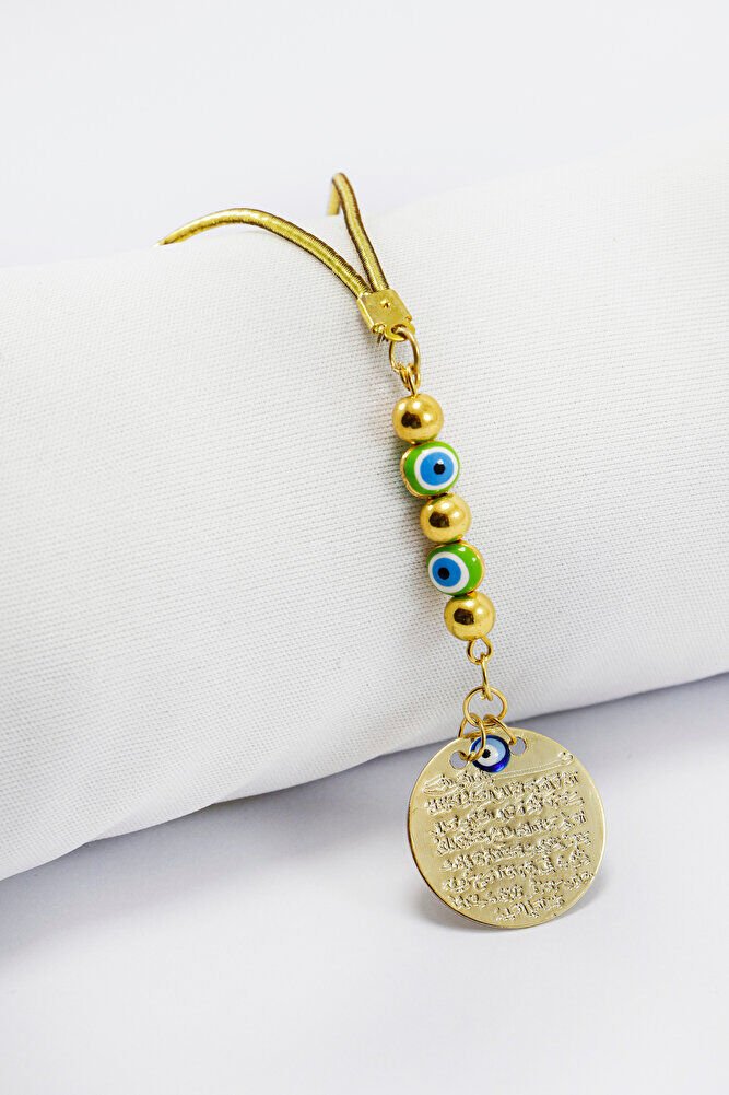 Green Tiny Evil Eye Beaded Metal Ayetel Kursi Car Rearview Mirror Ornament, Gold Color