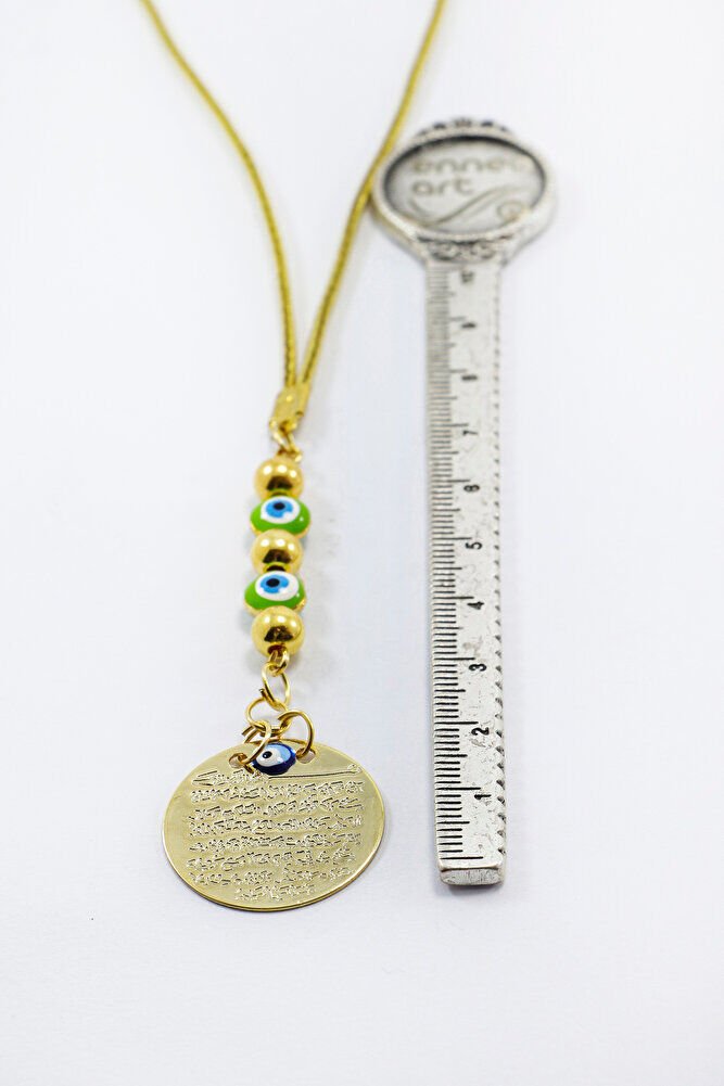 Green Tiny Evil Eye Beaded Metal Ayetel Kursi Car Rearview Mirror Ornament, Gold Color