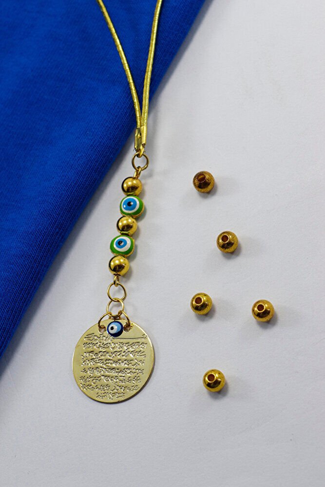 Green Tiny Evil Eye Beaded Metal Ayetel Kursi Car Rearview Mirror Ornament, Gold Color