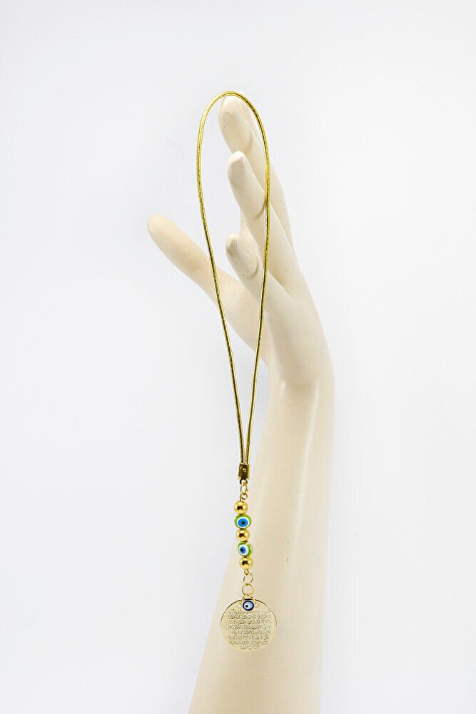 Green Tiny Evil Eye Beaded Metal Ayetel Kursi Car Rearview Mirror Ornament, Gold Color