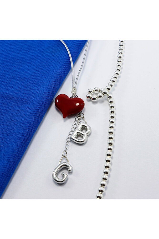 Kırmızı Cam Kalp İki Harfi Metalik Renk Araba Dikiz Ayna Süsü, Sevgililer Günü Hedieysi