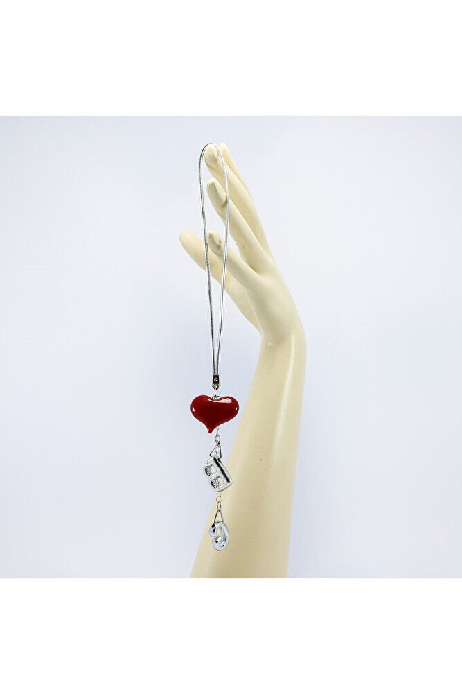 Kırmızı Cam Kalp İki Harfi Metalik Renk Araba Dikiz Ayna Süsü, Sevgililer Günü Hedieysi