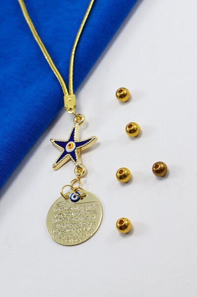 Lacivert Deniz Yıldızı Metal Ayetel Kürsi Araba Dikiz Ayna Süsü, Gold Renkli