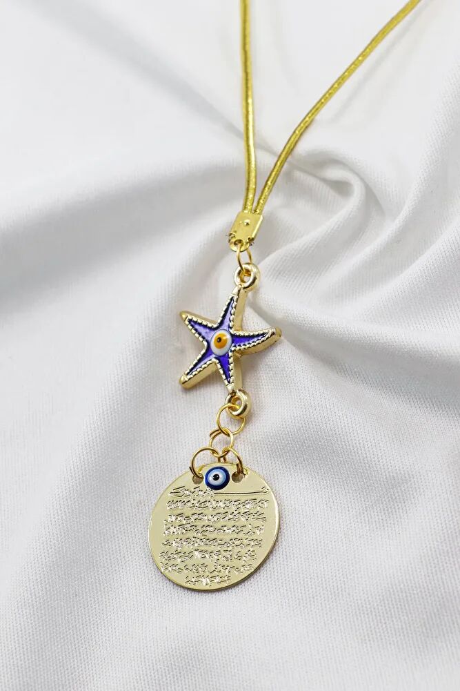 Lacivert Deniz Yıldızı Metal Ayetel Kürsi Araba Dikiz Ayna Süsü, Gold Renkli