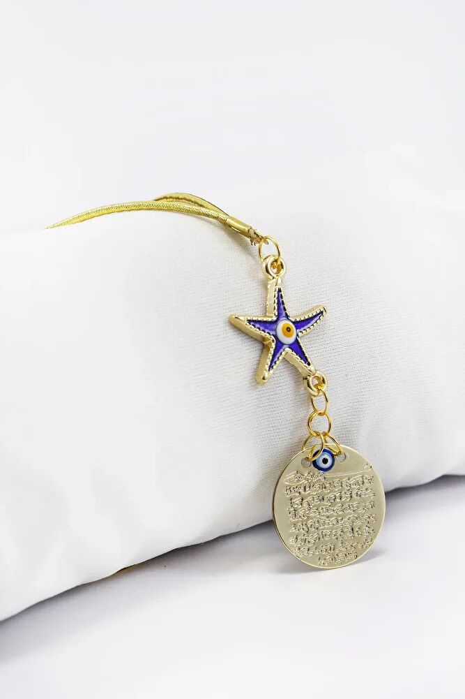 Lacivert Deniz Yıldızı Metal Ayetel Kürsi Araba Dikiz Ayna Süsü, Gold Renkli