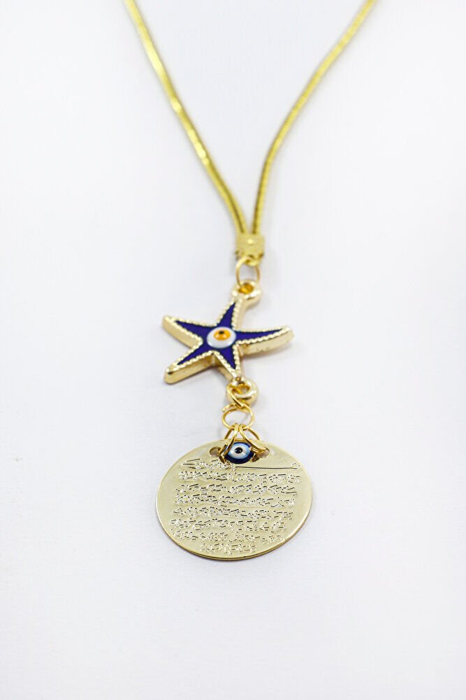 Lacivert Deniz Yıldızı Metal Ayetel Kürsi Araba Dikiz Ayna Süsü, Gold Renkli