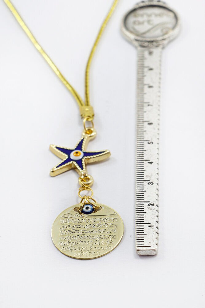 Lacivert Deniz Yıldızı Metal Ayetel Kürsi Araba Dikiz Ayna Süsü, Gold Renkli