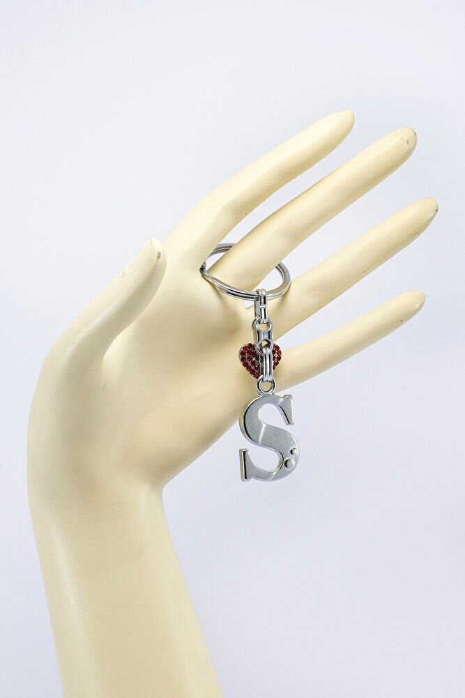 Kırmızı Parlak Kalpli Gümüş Renkli Metal S Harfi Anahtarlık /Minik Çanta Süsü