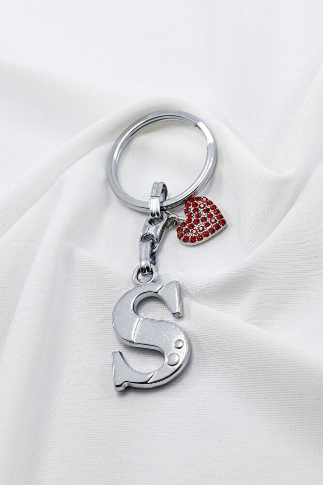 Kırmızı Parlak Kalpli Gümüş Renkli Metal S Harfi Anahtarlık /Minik Çanta Süsü